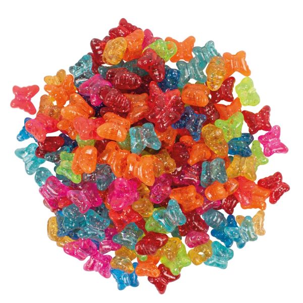 Plastperler 50g – Sommerfugl transparent/glitter