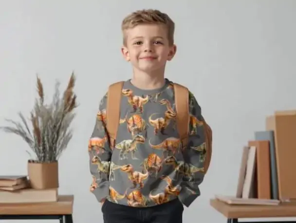 French Terry med  oransje dinosaurus - Image 2