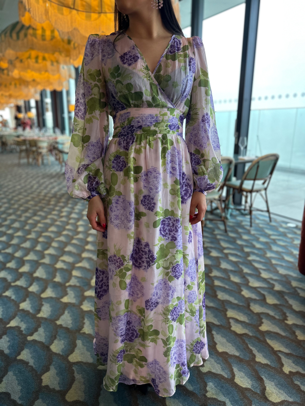Cupro Tieband Gown - Purple Flowerfield - Image 1
