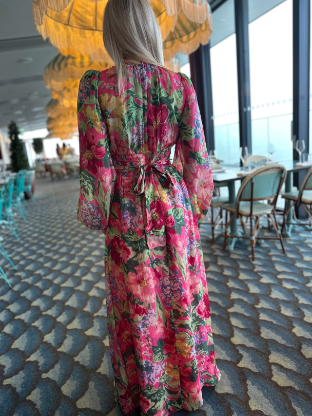 Cupro Tieband Gown -Pink Blossoms - Image 2