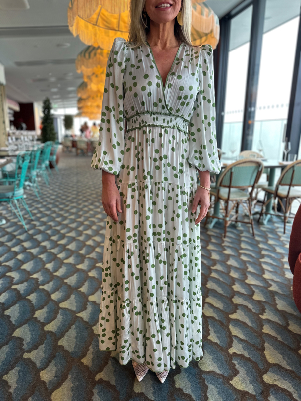 Satin Maxi Dress - Green Dots  - Image 1