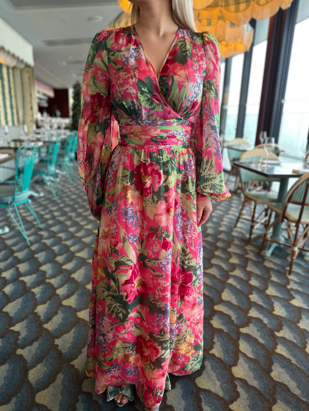 Cupro Tieband Gown -Pink Blossoms - Image 1