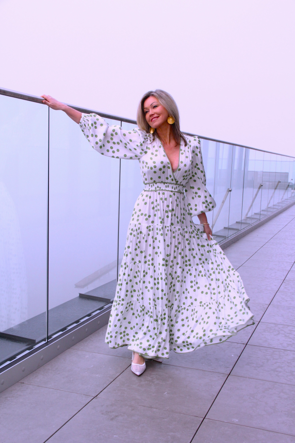 Satin Maxi Dress - Green Dots  - Image 3