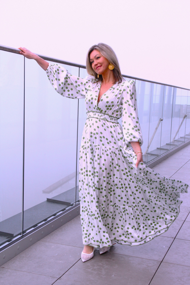 Satin Maxi Dress - Green Dots  - Image 4