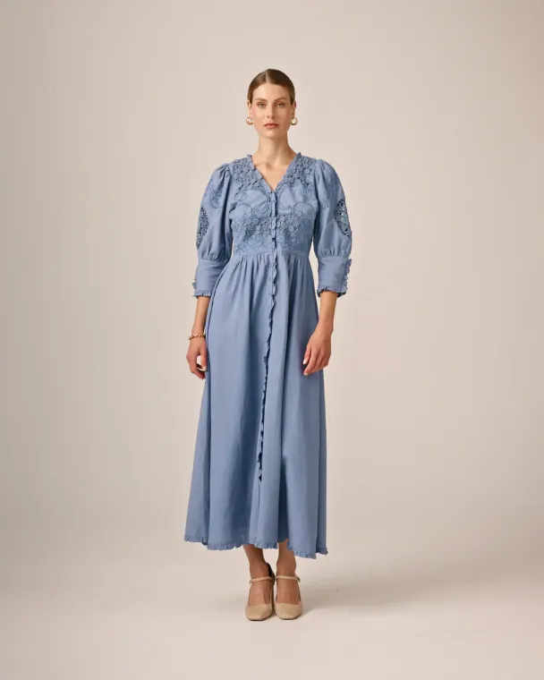 Linen Button Down Dress - French Blue  - Image 1