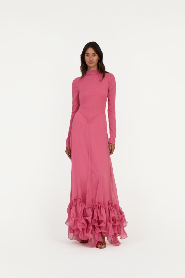 Chiffon Maxi Ruffle Dress - Carmine Rose Pink