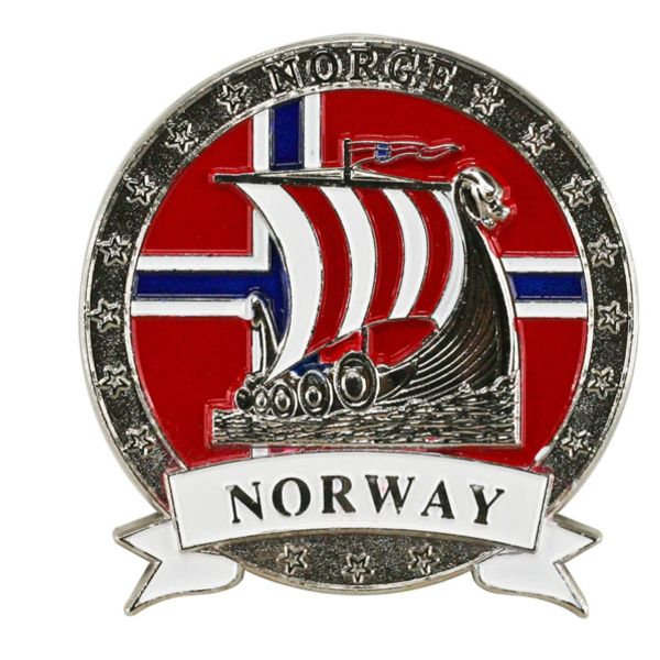 Magnet med sølv vikingskip og Norway