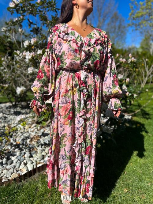 Dotted Georgette Belt Dress - Pink Blossom 