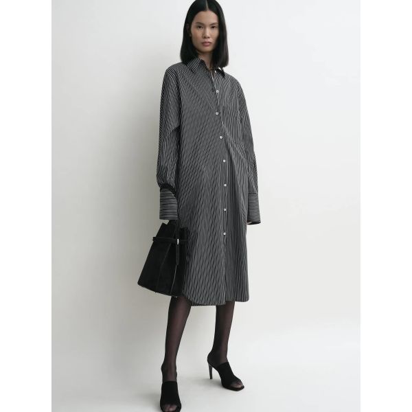 Striped Kimono-Sleeve Shirtdress Black/White
