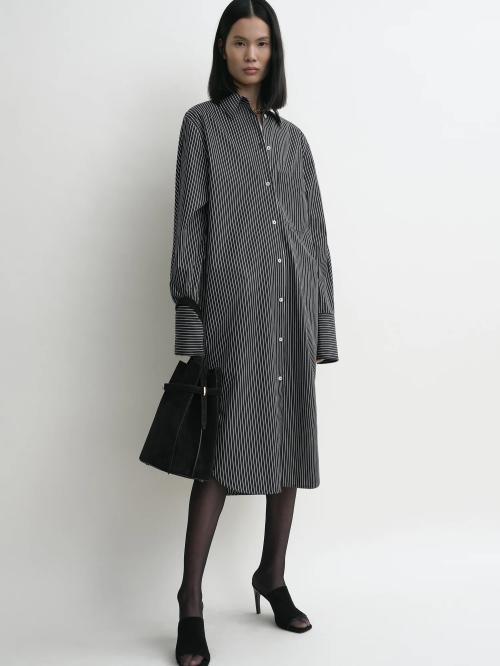 Striped Kimono-Sleeve Shirtdress Black/White