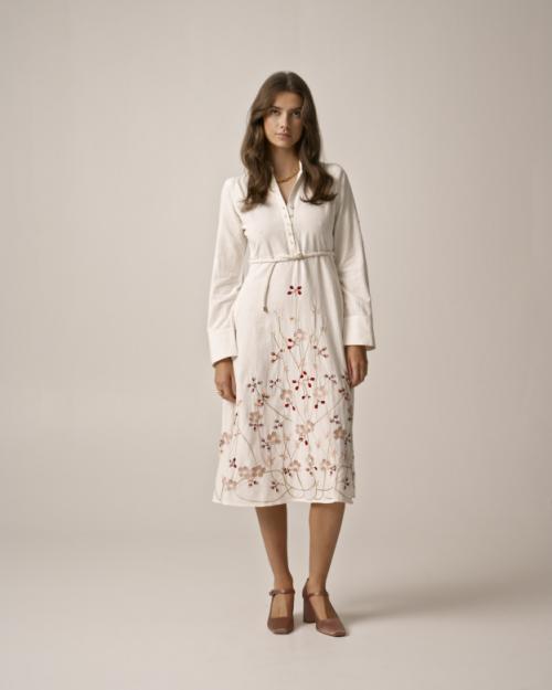 Linen Collared Dress - White 