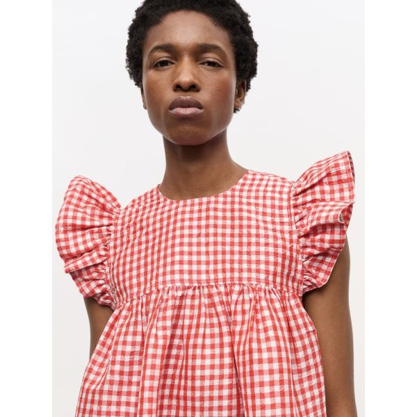 Crinkled Taffeta Check Frill Mini Dress