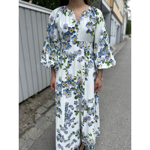 Linen Pleated Dress - Blue Cherry Blossoms
