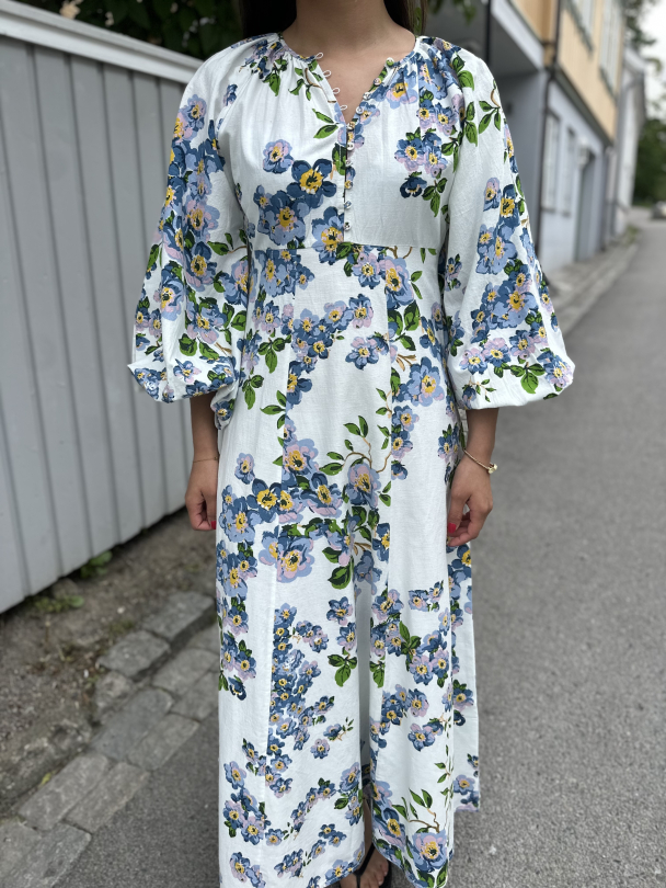 Linen Pleated Dress - Blue Cherry Blossoms - Image 1