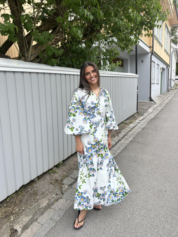 Linen Pleated Dress - Blue Cherry Blossoms - Image 2