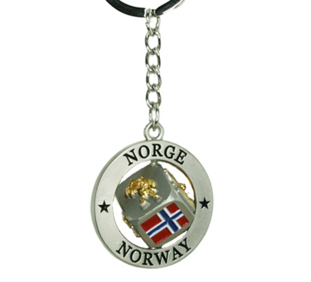 Nøkkelring, terning med norsk flagg, troll, elg og vikingskip 