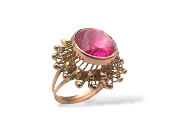 Klosterfoss Vintage - Gult gullring med rosa stein 585
