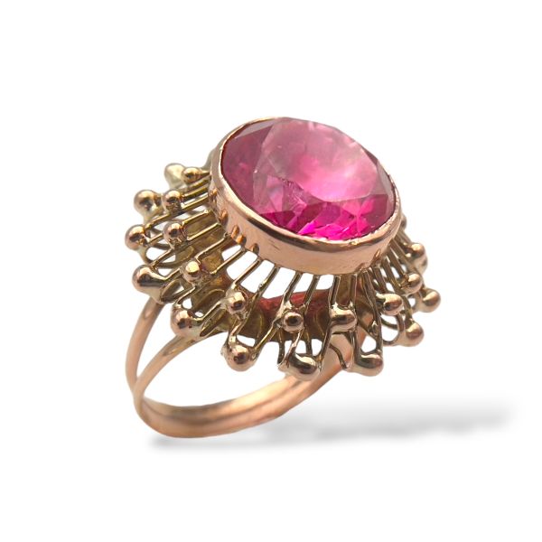 Klosterfoss Vintage - Gult gullring med rosa stein 585