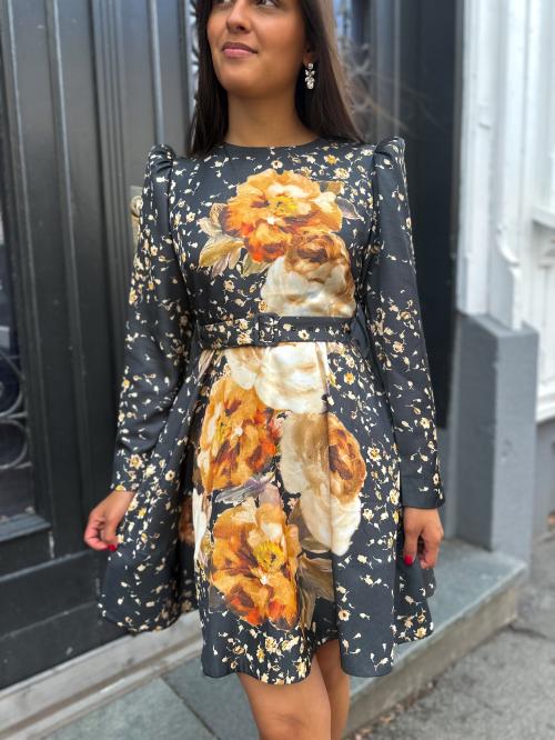 Tailored Satin Belt Dress - Black Rose