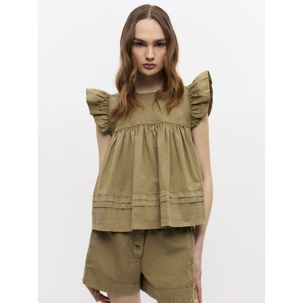 Washed Stretch Cotton Frill Sleeve Top