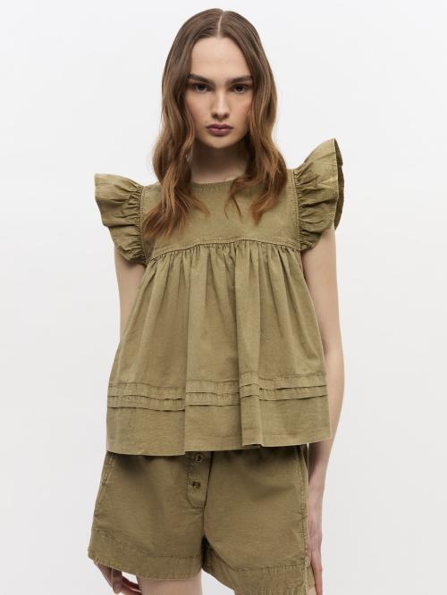 Washed Stretch Cotton Frill Sleeve Top
