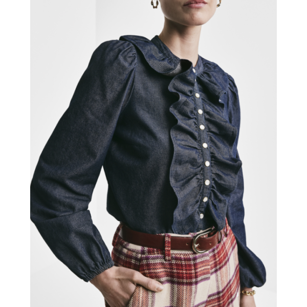 Denim Flounce Blouse  - Dark Blue 