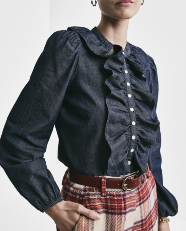 Denim Flounce Blouse  - Dark Blue  - Image 1