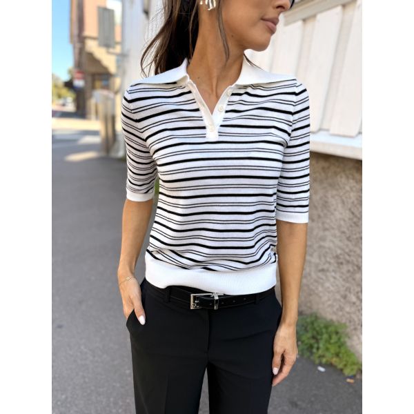 Thea 2/4 Knit Merino Collar Neck - Snow White/Black 
