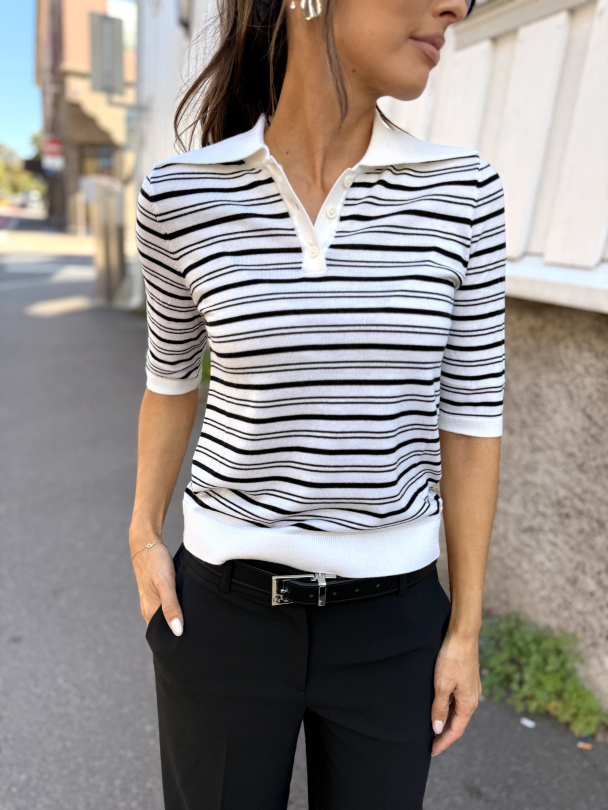 Thea 2/4 Knit Merino Collar Neck - Snow White/Black  - Image 1