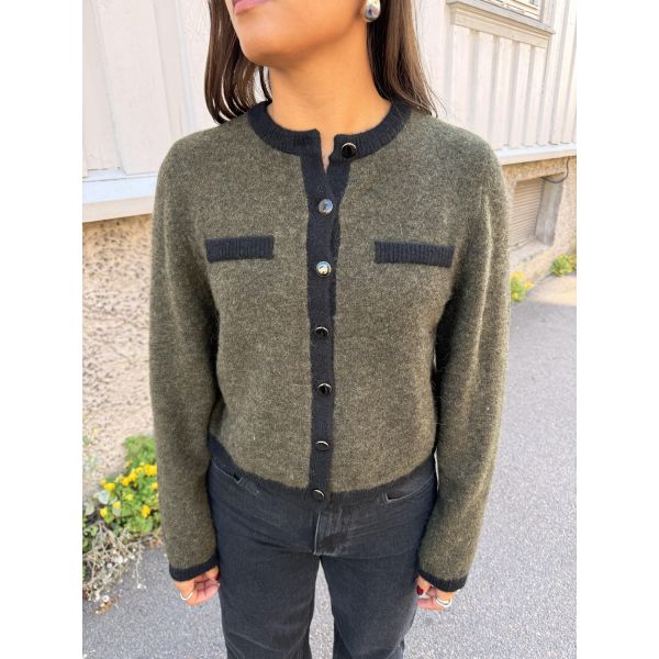 Alpha Contrast Cardigan - Olive Melange/Black 