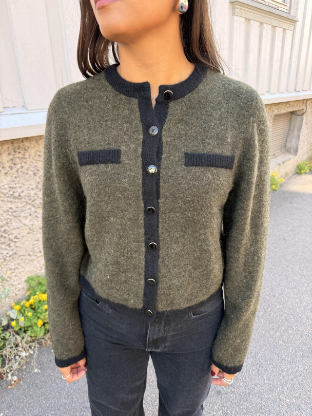 Alpha Contrast Cardigan - Olive Melange/Black  - Image 1