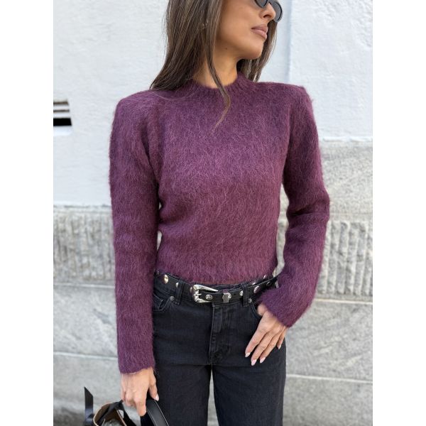 Hairy Knit Fitted Sweater - Burgundy 