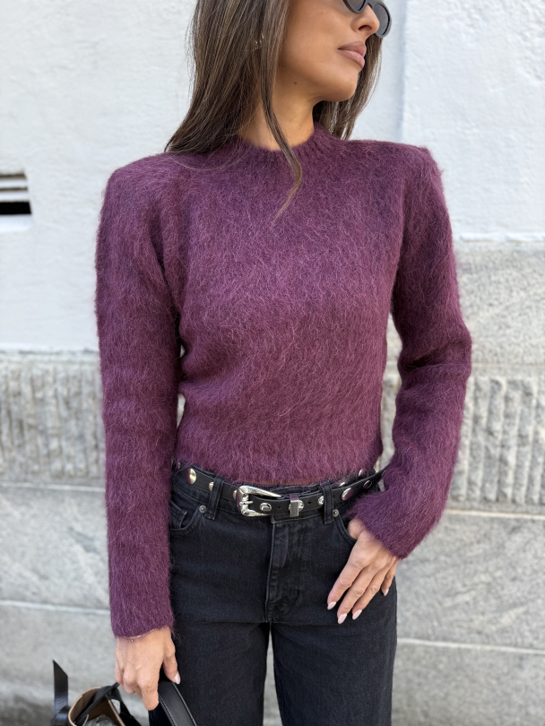 Hairy Knit Fitted Sweater - Burgundy  - Image 1