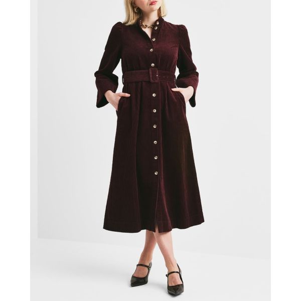 Corduroy Belt Dress - Burgundy 