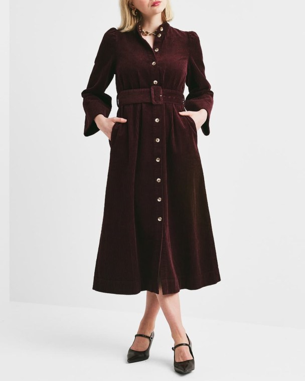 Corduroy Belt Dress - Burgundy  - Image 2