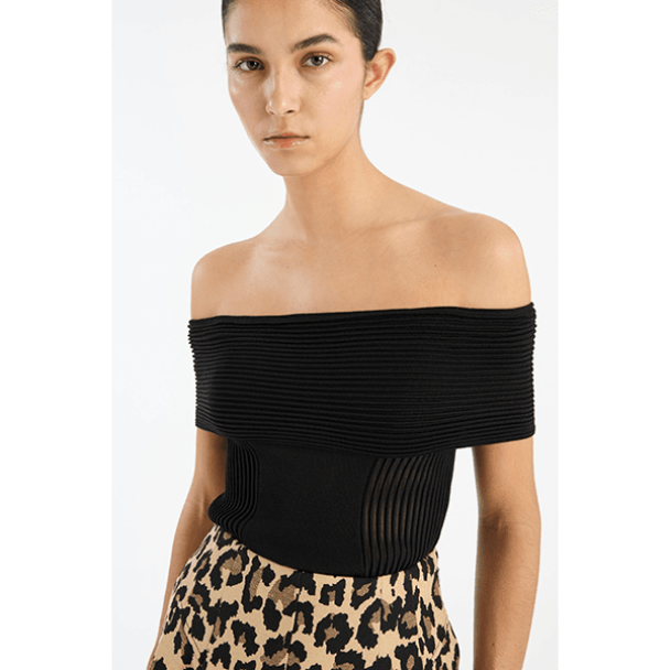 Knitted Off Shoulder Top - Black - Image 2