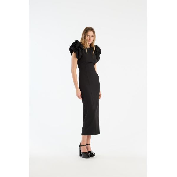 Crepe Puffy Midi Dress - Black
