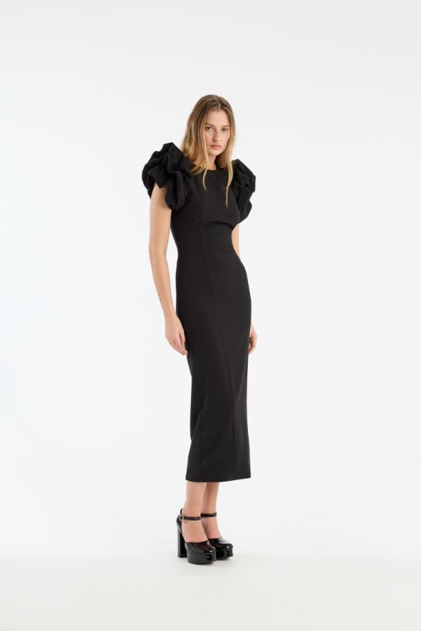 Crepe Puffy Midi Dress - Black - Image 1