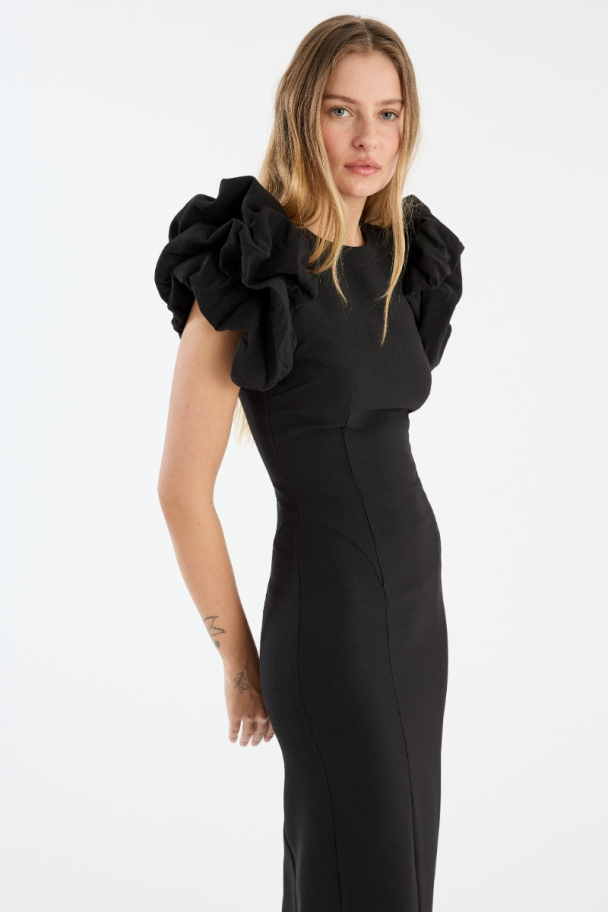 Crepe Puffy Midi Dress - Black - Image 3