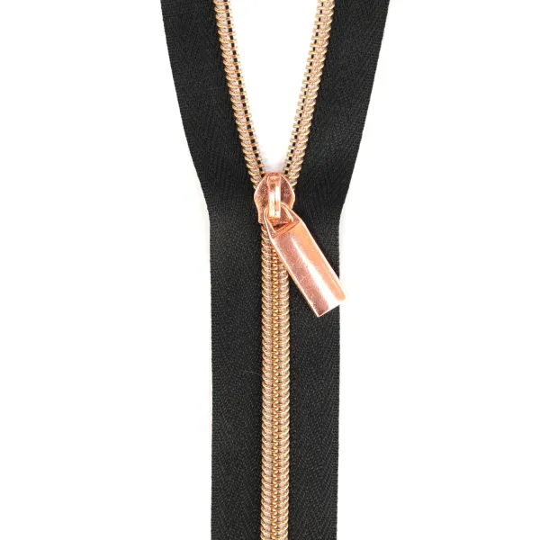  ZBY5C13   black #5 Nylon Rose Gold Coil Zippers: 3 Yards with 9 Pulls