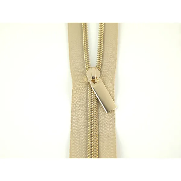 ZBY5C22   Beige #5 Nylon Gold Coil Zippers: 3 Yards with 9 Pulls