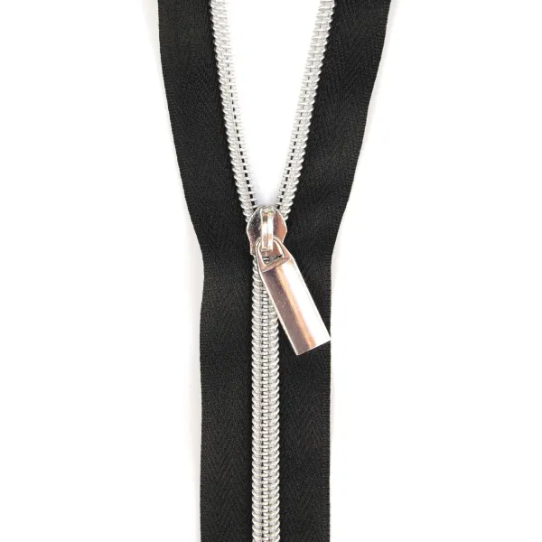 ZBY5C11   Black #5 Nylon Nickel Coil Zippers: 3 Yards with 9 Pulls