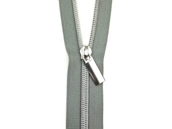 ZBY5C6   Grey #5 Nylon Nickel Coil Zippers: 3 Yards with 9 Pulls
