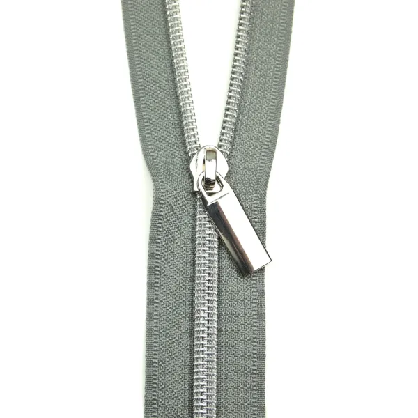 ZBY5C6   Grey #5 Nylon Nickel Coil Zippers: 3 Yards with 9 Pulls