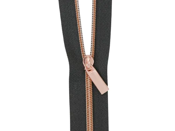 zby3c13   Black #3 Nylon Rose Gold Coil Zippers: 3 Yards with 9 Pulls