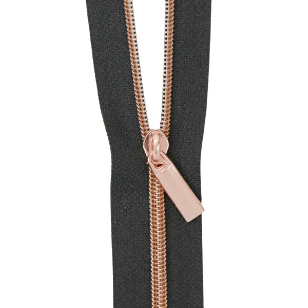 zby3c13   Black #3 Nylon Rose Gold Coil Zippers: 3 Yards with 9 Pulls
