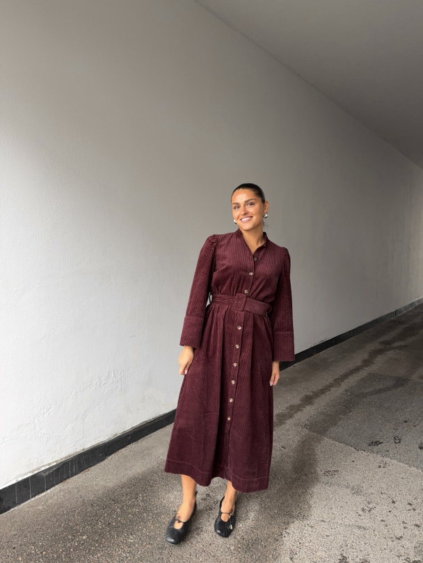 Corduroy Belt Dress - Burgundy  - Image 3
