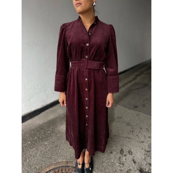Corduroy Belt Dress - Burgundy 