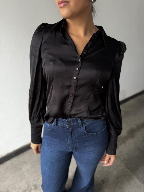 Satin Fitted Shirt -  Black 
