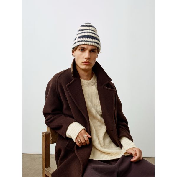 O.A.D. RIbbed Beanie White with Navy Stripes
